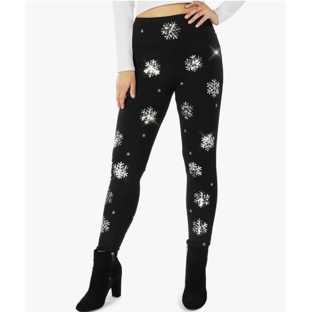 Tipsy Elves Womens XS Black Silver Snowflake High Waisted Holiday Leggings